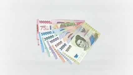 banknotes of Indonesia. Collection of notes in denominations of 1000, 2000, 5000, 10000, 20000, 50000, 75000, 10000 rupiah