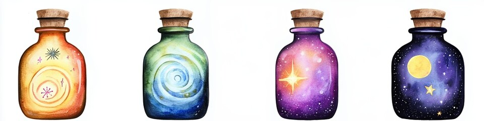 Four Colorful Potion Bottles Containing Swirling Galaxies and Stars on a White Background