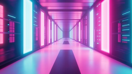 Neon Lights Illuminate Futuristic Server Room Corridor: A Digital Journey into the Heart of Data Processing
