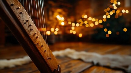 Obraz premium Wooden Harp Elegance in Festive Warmth Light Strings Musical Instrument Holiday Ambiance Decor