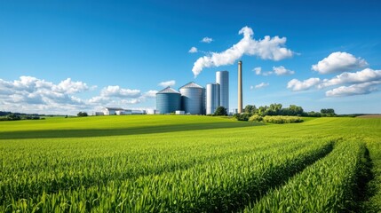 Expansive Green Field with Silos and Farm Buildings Under a Bright Blue Sky with Fluffy Clouds