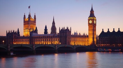 Fototapeta premium Iconic View of the Houses of Parliament and Big Ben at Twilight in London : Generative AI