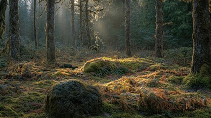 Obraz premium Sunlit Mossy Forest Floor With Ancient Trees