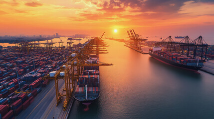 Naklejka premium Container truck in ship port for business Logistics and transportation of Container Cargo ship and Cargo plane with working crane bridge in shipyard at sunrise, logistic import export and transport