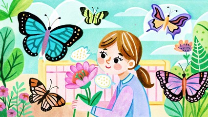 Child Interacting with Colorful Butterflies Garden Illustration Bright Atmosphere Playful Perspective Natureâ€™s Beauty