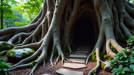 Ancient roots create a mystical passage, inviting exploration into the unknown depths of the forest.