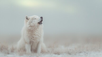 Naklejka premium White dog howling in snowy field, winter landscape