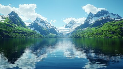 Fototapeta premium Scenic fjord with snow-capped mountains, reflected in tranquil water. Possible use nature background