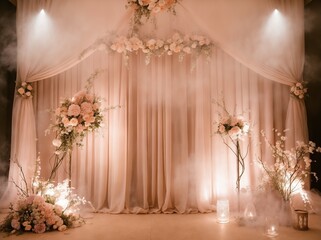 Dreamy misty Wedding maternity engagement studio photo backdrop banner background with pastel blush peach brown cream beige color delicate rustic flowers and haze foggy romantic curtains