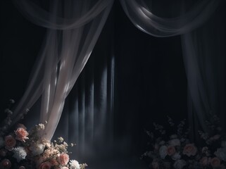 Dark Jet black Dreamy Wedding maternity engagement studio photo backdrop banner background with curtains and delicate rustic flowers