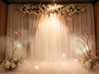 Dreamy Wedding maternity engagement studio photo backdrop banner background with soft blush peach brown cream earth tone color delicate rustic flowers and misty haze foggy romantic curtains