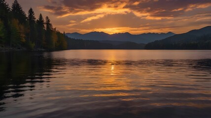 Fototapeta premium Golden Sunset over Mountain Lake and Forest