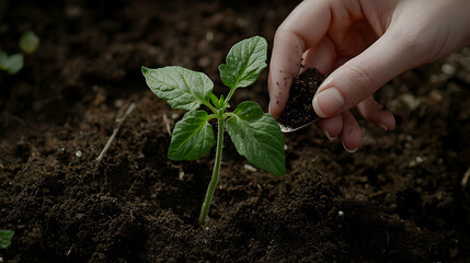 Woman plants tomato seedling in garden soil