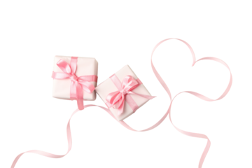PNG, March 8. Gift boxes with pink ribbon in the shape of a heart, isolated on a white background.