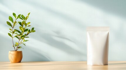 Minimalist Display of Potted Plant and White Packaging on Table