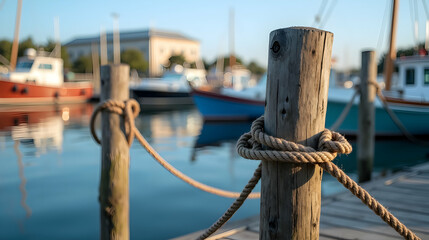 Obraz premium Golden hour at the harbor: A weathered wooden post, secured by thick rope, stands against a backdrop of softly blurred sailboats and calm waters.