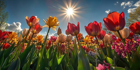 Fototapeta premium Vibrant Tulips and Daffodils Bask in Sunny Spring Day's Radiant Light, Blooming Beautifully Outdoors