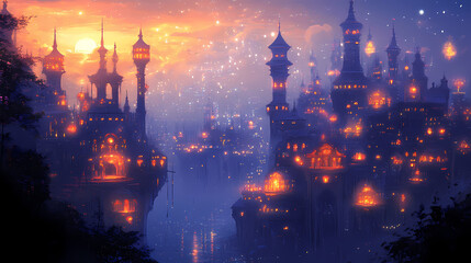 Fototapeta premium Magical fantasy cityscape at dusk with glowing lanterns and towering spires. Otherworldly Glow Towers. Illustration