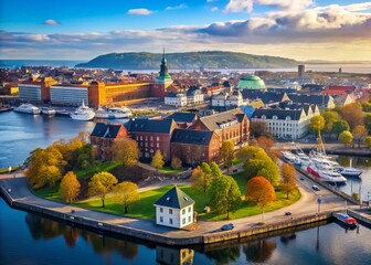 Obraz premium Oslo Fjord Spring Panorama: Aker Brygge, Filipstad, Akershus Fortress & Bjorvika Aerial View
