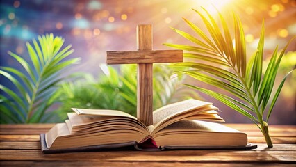 Orthodox Palm Sunday: Wooden Cross, Books, Spring Easter Background