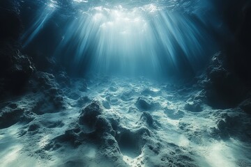 Cinematic Dark Blue Ocean Floor with Light Rays Shining Down, Hyper-Realistic Underwater Scene.