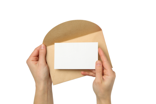 PNG, March 8. Female hands holding greeting card, space for text, isolated on white background.