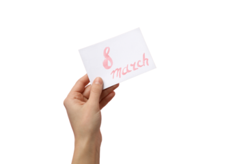 PNG, March 8. Greeting card with greeting in hands, isolated on white background.