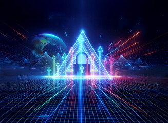 Futuristic cyber security scene with neon pyramid, lock, upward arrows, and earth in a digital grid environment.