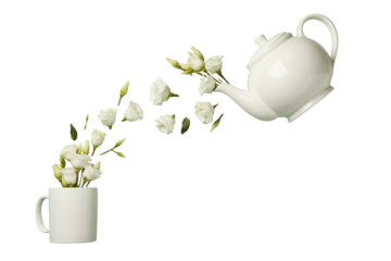 PNG, March 8. Teapot with cup and white, levitating flowers, isolated on white background.