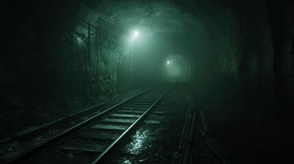 Fototapeta premium Dark, eerie train tunnel with tracks. Ideal for suspense, horror, or mystery projects.
