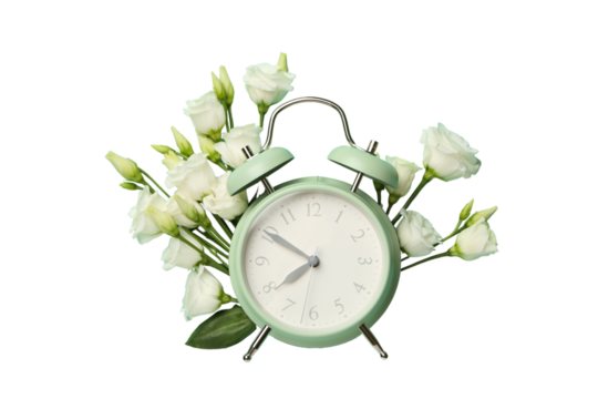 PNG, March 8. White eustoma flowers with alarm clock, isolated on white background. - Powered by Adobe