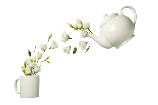 PNG, March 8. Teapot with cup and white, levitating flowers, isolated on white background.