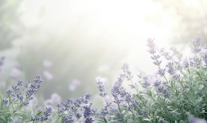 Serene lavender field bathed in soft sunlight with blurred flowers in the background