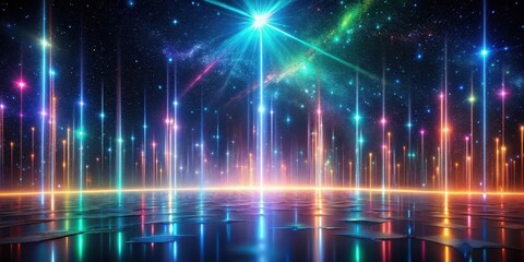 Obraz premium Celestial Lightscape A Dreamlike Reflection of Illuminated Beams Across a Dark, Still Water Surface