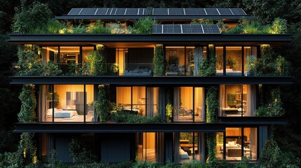 Modern, eco-friendly apartment building at night, illuminated interiors, green rooftop, solar panels.
