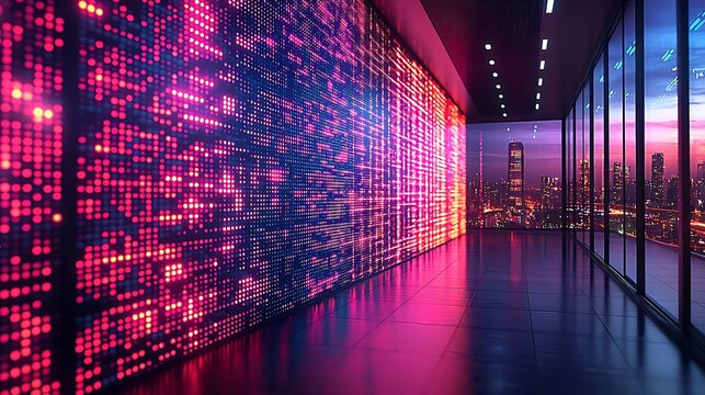 Cityscape data center server room; digital code wall; sunset view; tech innovation; stock photo
