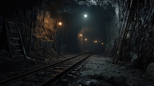 Dark mine tunnel with railway tracks, ladders, and dim lighting. Ideal for horror, mystery, or adventure themes, evokes feelings of suspense and danger.