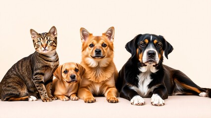 Adorable Cat and Three Dogs Posing Together