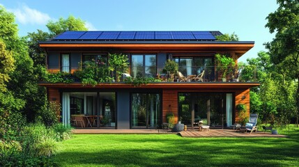 Modern eco-friendly house with solar panels, large garden, and spacious balconies.