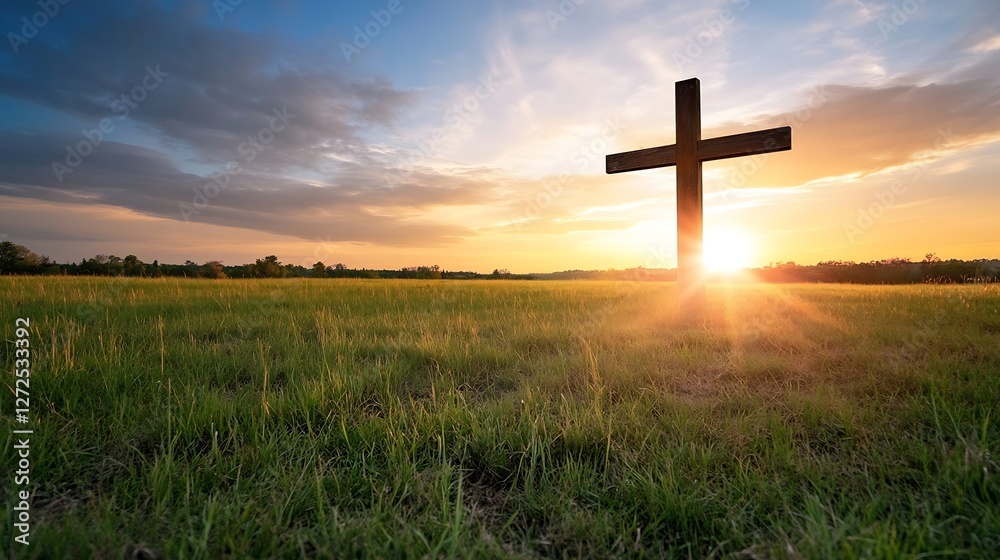 Aufkleber serene sunset over a wooden cross in an open field : generative ai