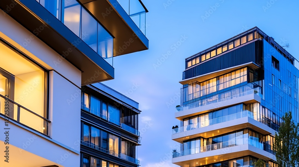 Poster modern apartment buildings at dusk with illuminated windows and a city backdrop : generative ai