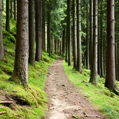 Obraz premium Forest path meanders through lush evergreen trees