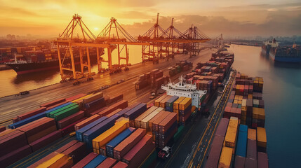 Naklejka premium Container truck in ship port for business Logistics and transportation of Container Cargo ship and Cargo plane with working crane bridge in shipyard at sunrise, logistic import export and transport