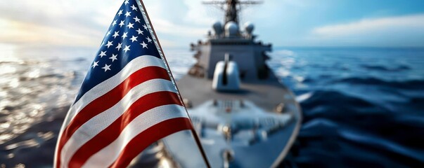 American Patriotism Flag and Naval Ship in Serene Ocean Scene Depicting Strength and Unity