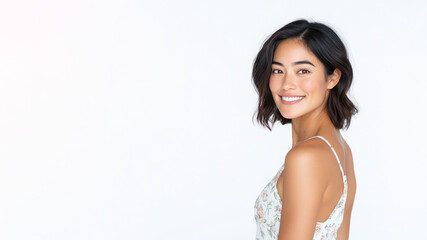 Hispanic woman wearing a white dress with a rose pattern smiling isolated