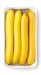 Fresh bananas in white plastic container, top view, isolated on white background