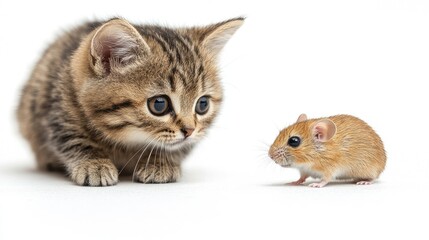 Obraz premium Kitten staring at mouse, white background, studio shot, pet theme