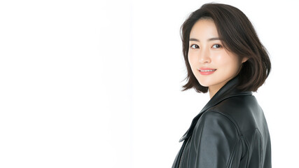 Korean happy woman wearing black leather jacket smiling isolated on white background