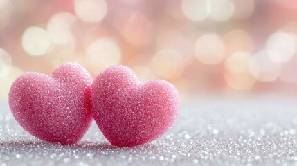 Obraz premium Two Delicate Pink Heart Candies on a Silver Glittering Surface Romantic Bokeh Background