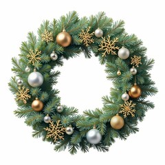 Festive Holiday Wreath Adorned with Golden Snowflakes and Silver Ornaments Against White Backdrop
